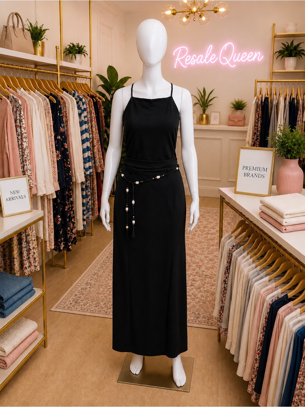 Classic Black Spaghetti-Strap Maxi Dress with Beaded Waist